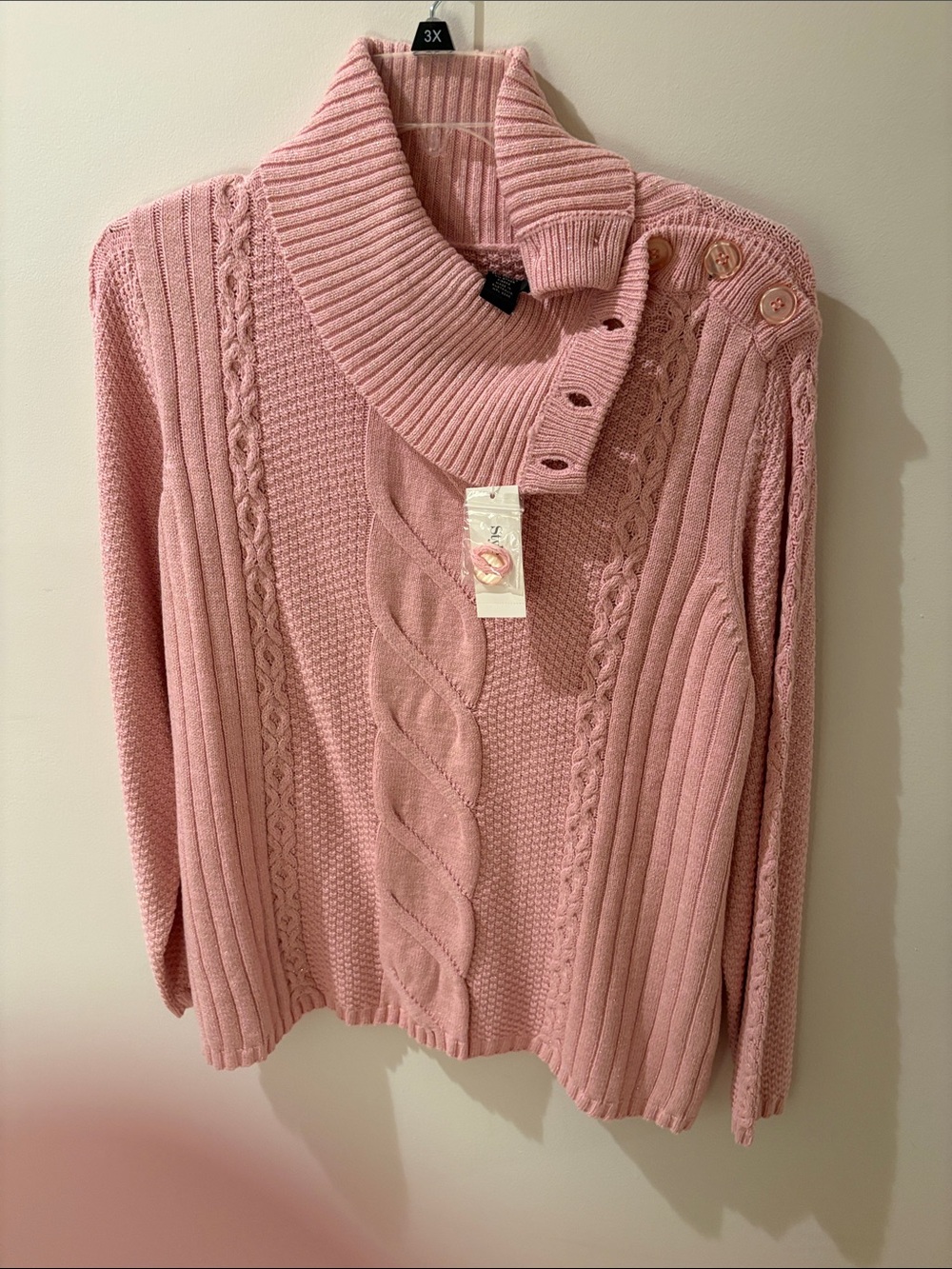 Alfred Dunner Pink Cable-Panel Turtleneck Sweater with Button Shoulder